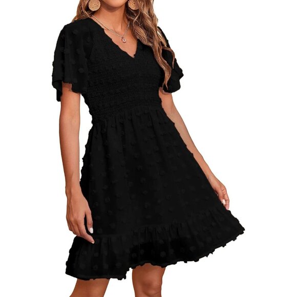 Dresses & Skirts - Women's Boho Summer Dress Polyester V Neck Flutter Short Sleeve Ruffled